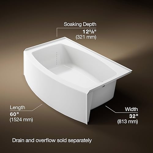 Miniatura 3 de KOHLER 1100-RA-0 Expanse - Bañera acrílica para alcoba de 60 x 32 pulgadas con drenaje a mano derecha, diseño compacto, color blanco