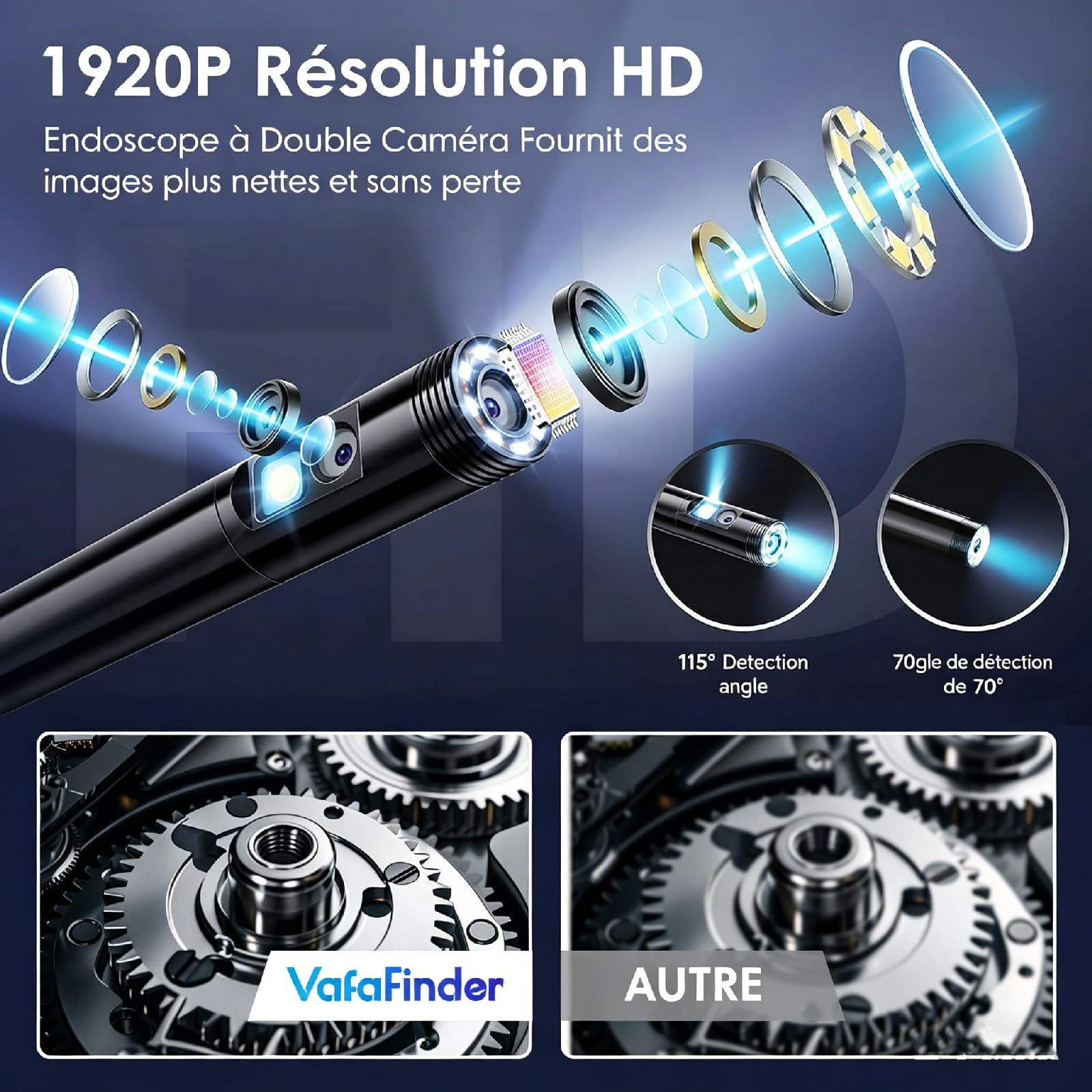 Caméra Endoscope avec lumière, Serpent Semi-Rigide de 5 m, caméra Endoscope HD 1920p avec 8 LED réglables, étanchéité IP67, 8 mm, Inspection pour iOS et Android (Double Objectif)