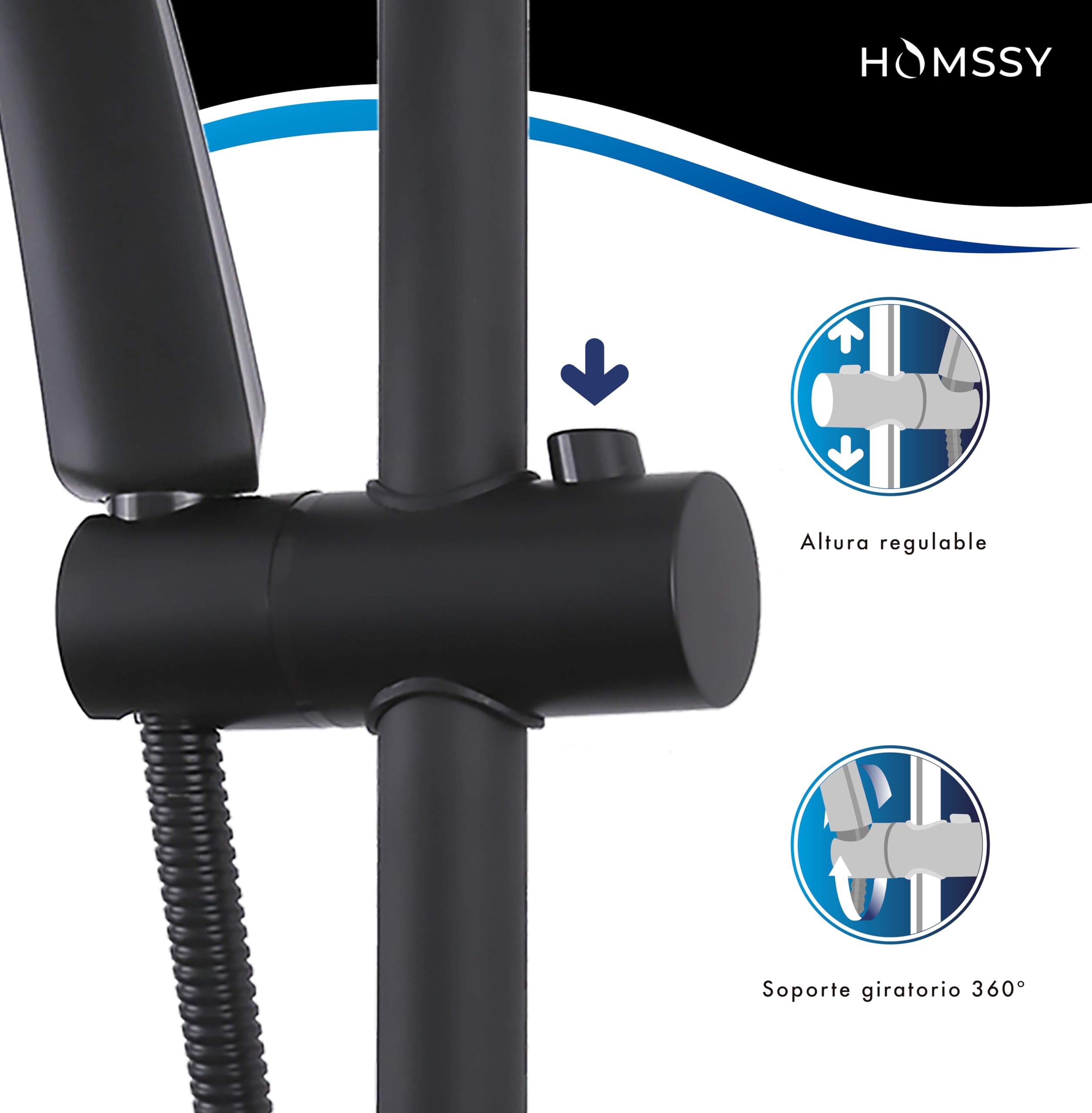 Barra de Ducha Regulable negro mate 70 cm – Conjunto de Ducha en Acero Inoxidable con Alcachofa de Mano 5 Funciones, Manguera Flexible 1,75 m y Soporte Ajustable