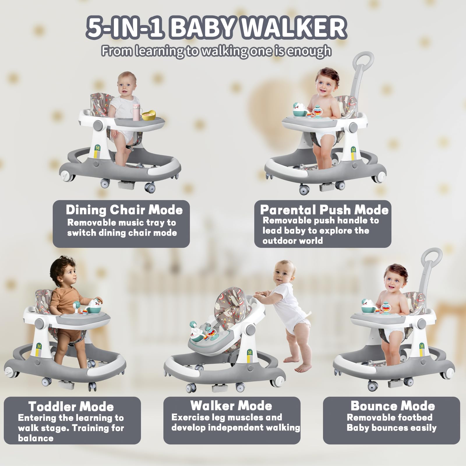 5 in 1 Baby Walker - Walkers for Babies 6-18 Months Adjustable Height, Baby Walker with Wheels, Baby Walkers for Boys, Baby Walker with Foot Pads/Handles, Baby Walker Portable Foldable