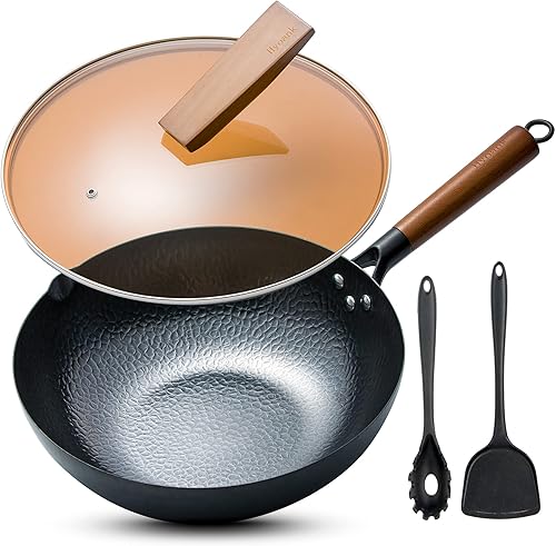 Hyoank Sartén Wok de acero al carbono woks de 124 pulgadas y sartenes para freír con espátula y servidor de pasta wok con tapa para todas las