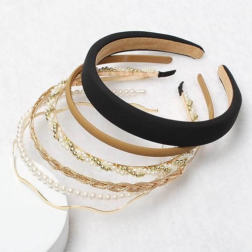 Miniatura 8 de naibirdr 6 diademas de diferentes diseños para mujer diademas de metal dorado lindas diademas de perlas para niñas banda torcida juego de diademas