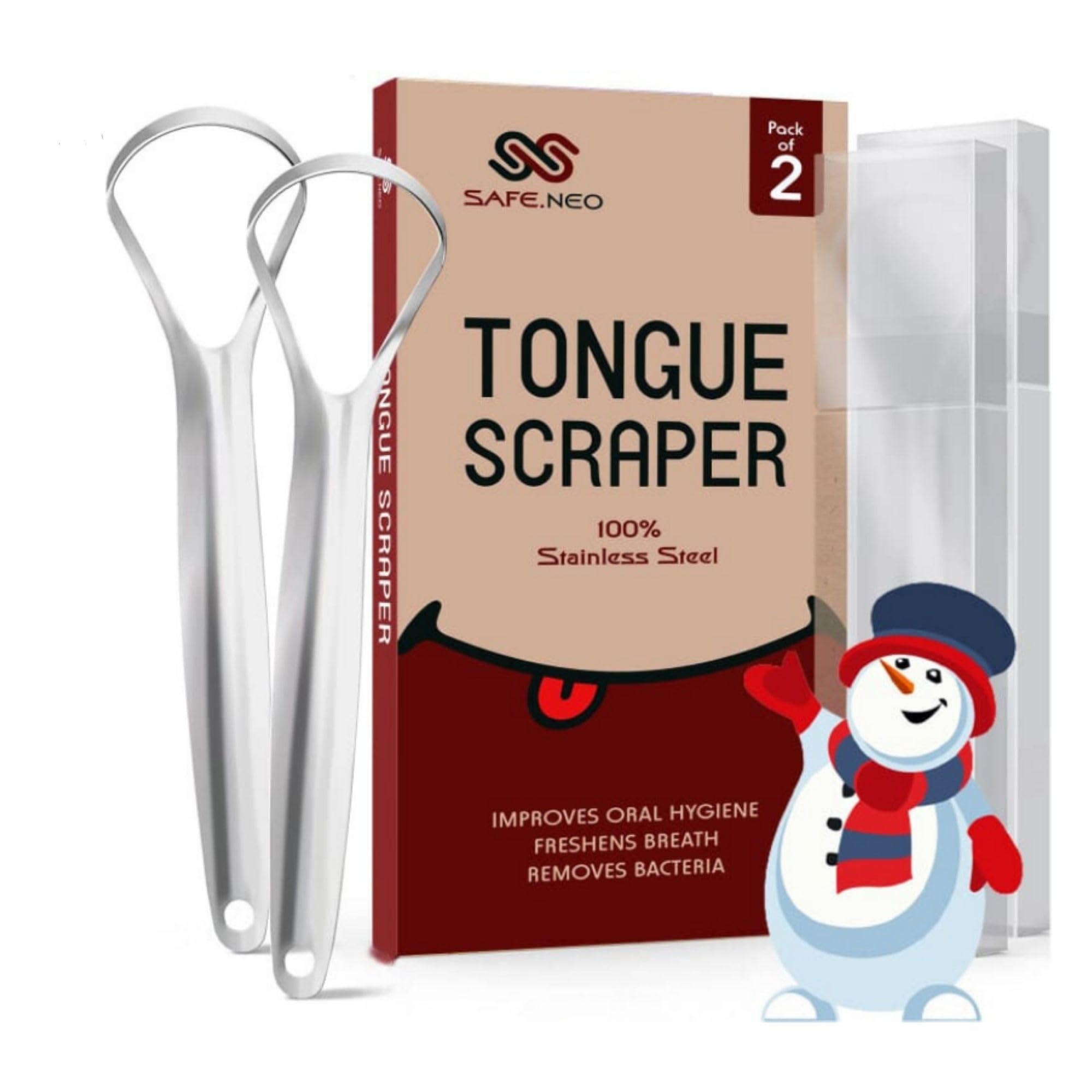 SAFE.NEO Stainless Steel Tongue Scraper| Reusable Medical Grade 100% BPA Free Easy to Use Tongue Scrubber for Oral Hygiene Care Fresh Breath| Bad Breath Treatment Tongue Scrapers for Adults & Kids