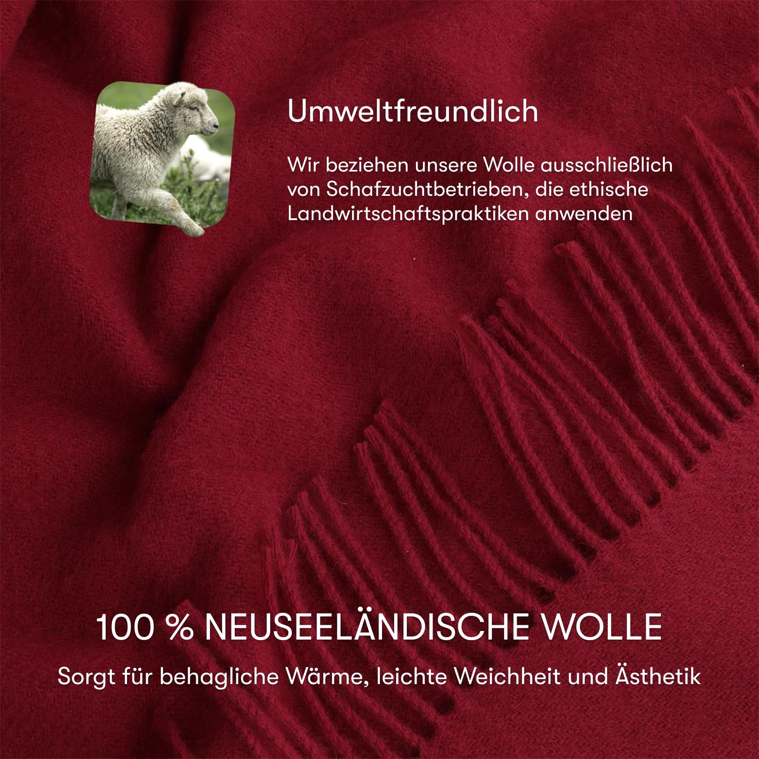 Wolldecke „Runo“ – Tagesdecke & Bettüberwurf – 100 % Neuseeland-Wolle, Warmer Sofa-Plaid – Dunkelrot – 140x200 cm