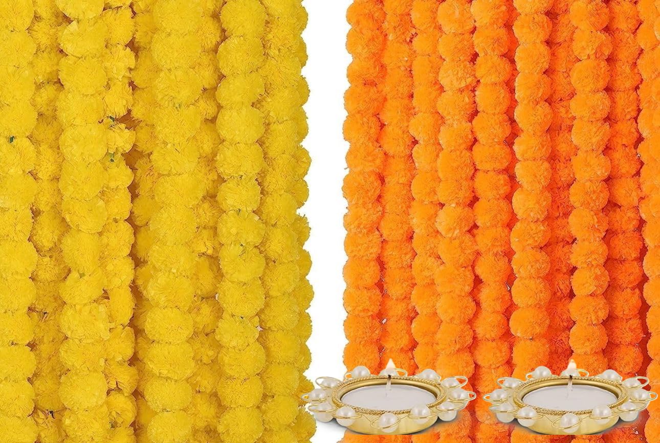 Home Buy Indian Made in Bharat Artificial Marigold Flowers for Decoration Garland 400gsm Each for Diwali & Festivals | 5 F...
