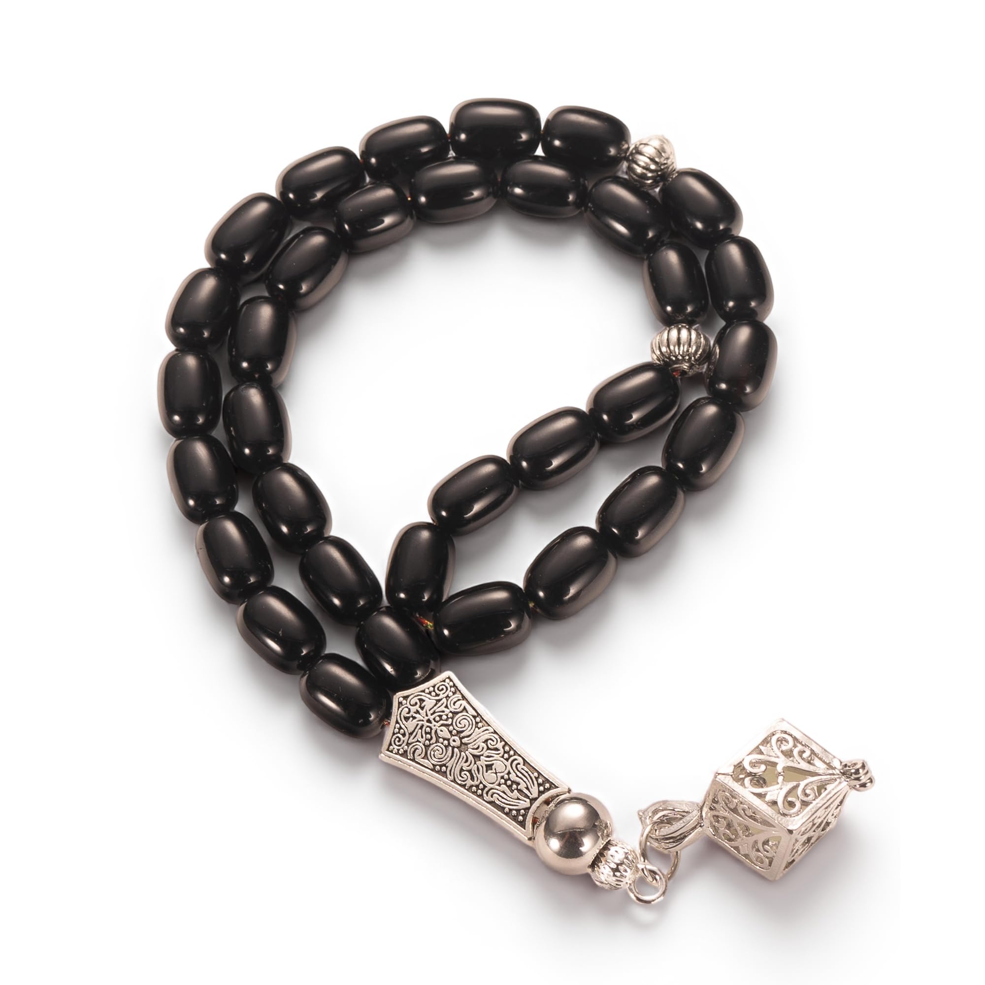 Black Onyx Tasbih 33 Beads – Oval Barrel Misbaha with Glow-in-the-Dark Pendant & Premium Gift Box – Ramadan/Eid, Hajj & Umrah Gift for Men: Father, Husband, Boyfriend, Brother