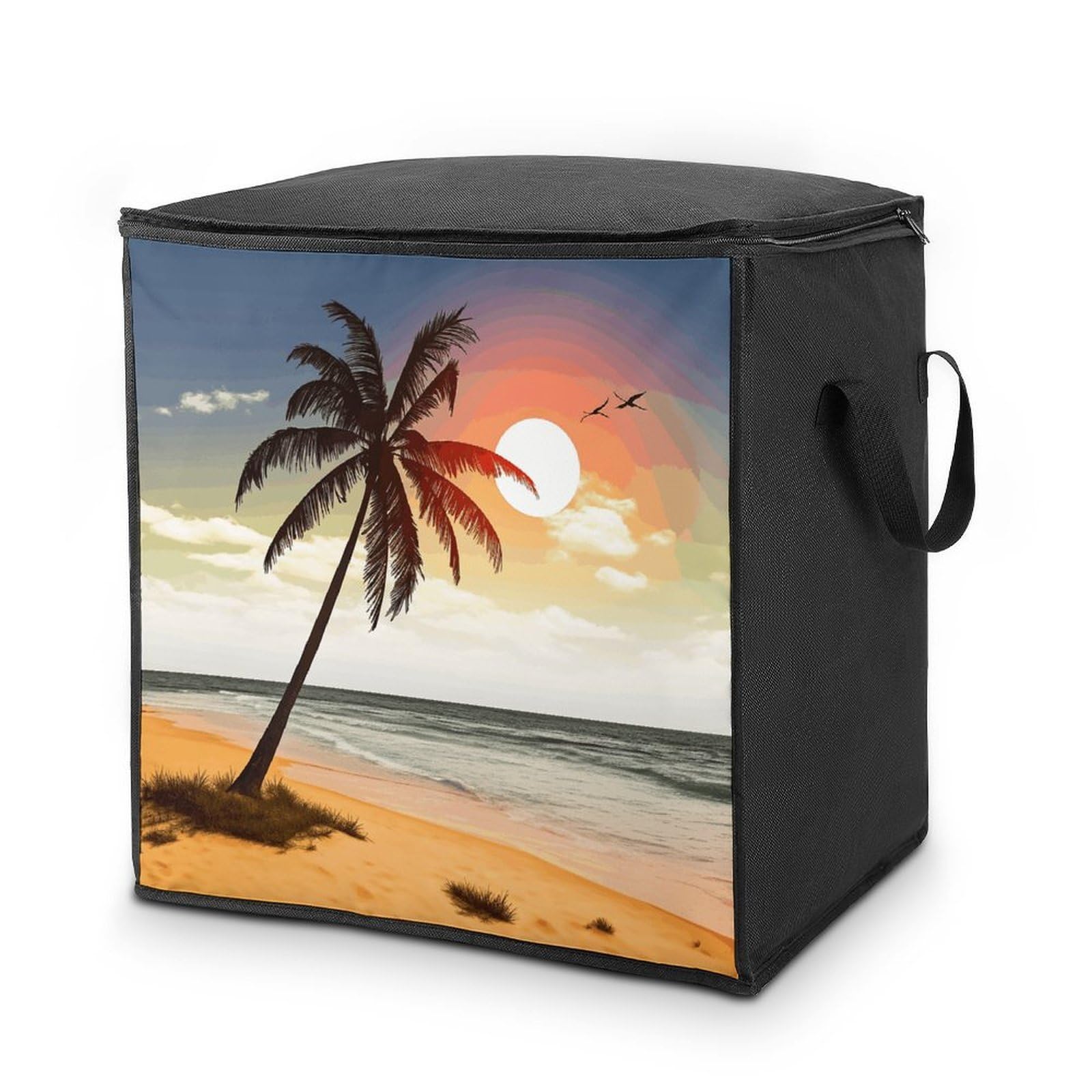 Palm Tree on Beach Storage Bag with Zippers And Handle Extra Large Bedding Comforter Storage Bag Foldable Blanket Storage Bags Fabric Moving Bags for Closet Organizer (70L)