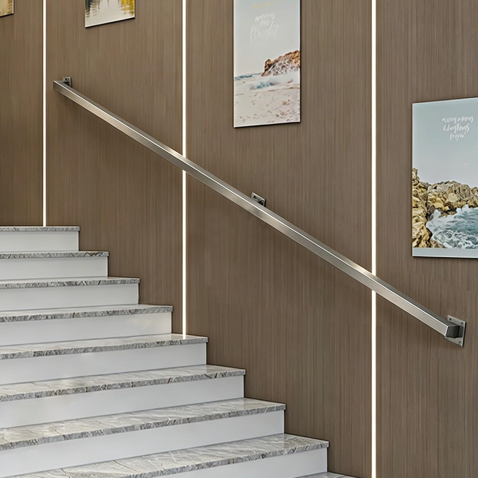 Modern Stair Railing Safety Handrails - Wall-Mounted Banister with Fittings - 80cm 1m 2m 3m 4m 5m 6m Stainless Steel Square Tube Grab Rail for Lofts Balconies Terrace, Silver(13ft/3.9m)