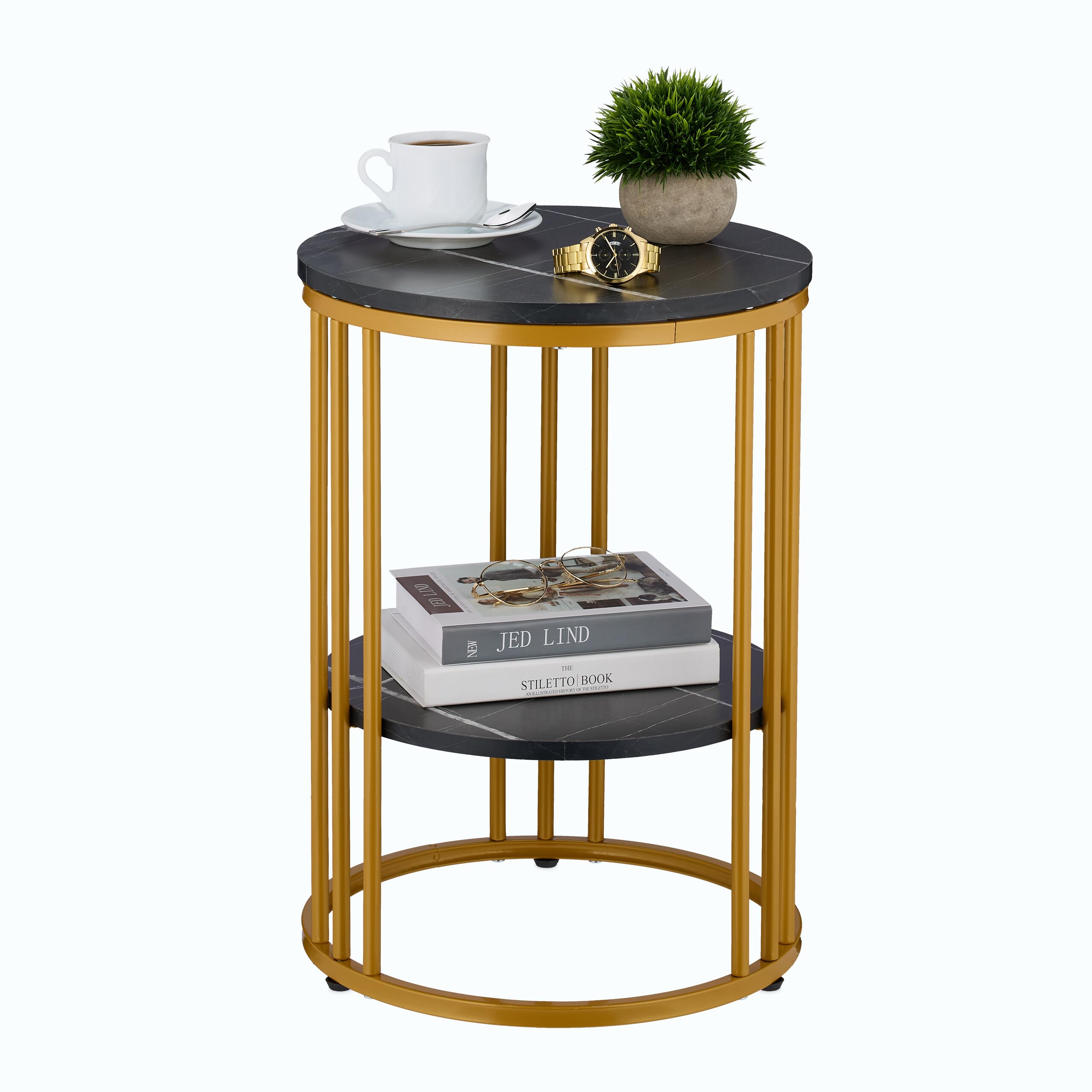 Relaxdays Black/Gold Side Table, Marble Effect, 2 Tiers, Hxd: 56 X 40 Cm, Living Room, Coffee Rest For Sofa, Decor,