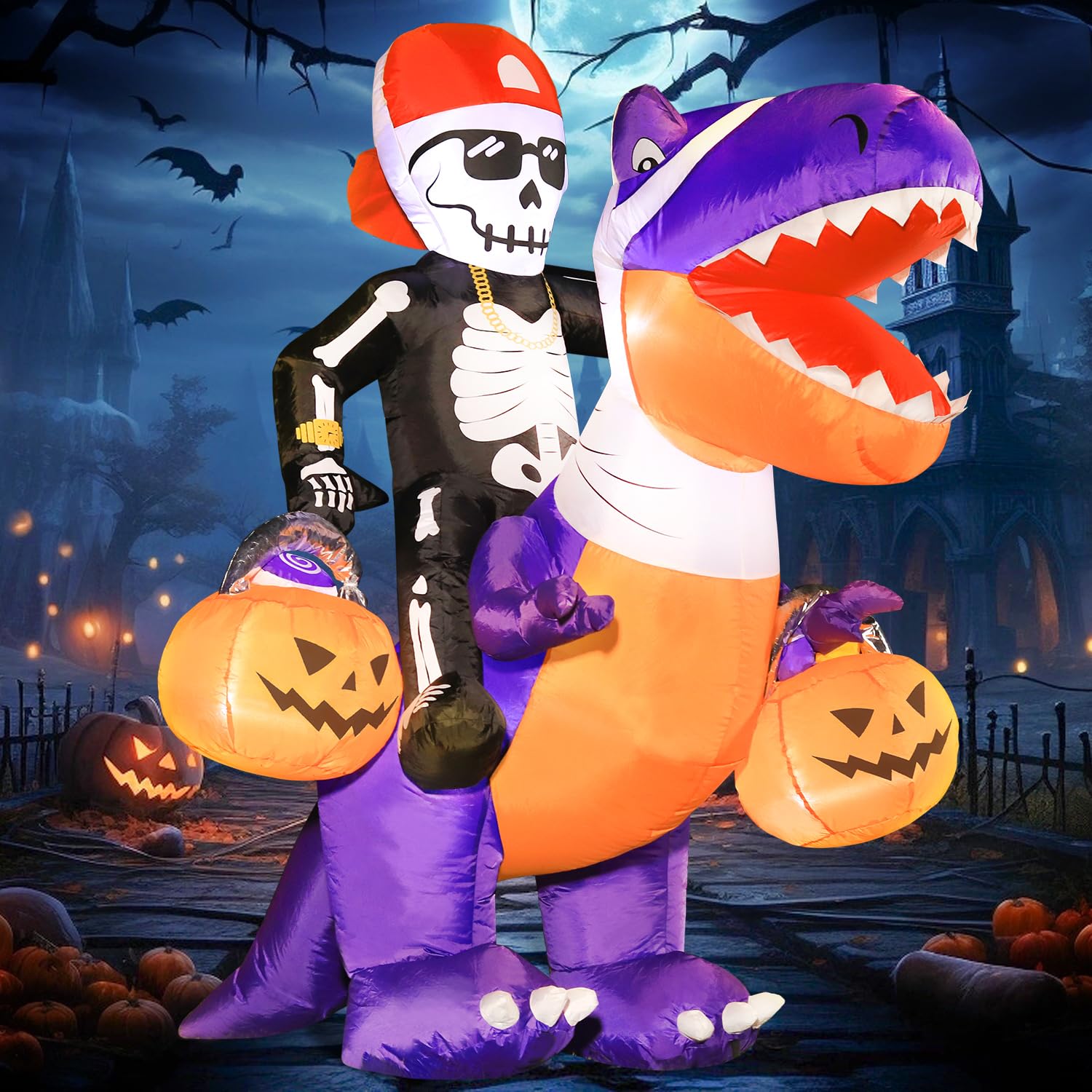 Domkom 6FT Halloween Inflatable Skeleton Riding Dinosaur Outdoor Yard Decor