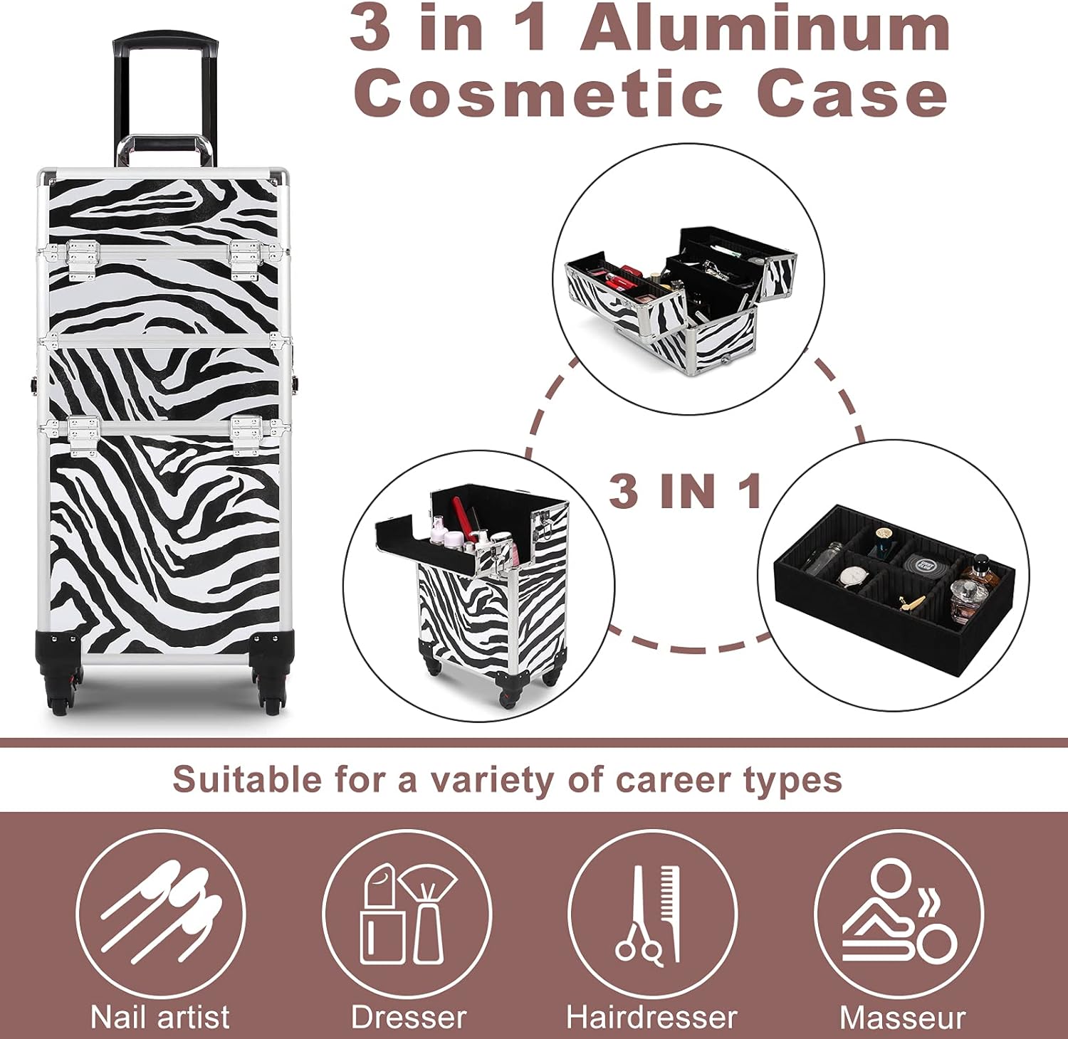 3 in 1 Rolling Makeup Case, Professional Cosmetic Rolling Cases, Beauty Storage Trolley with Wheels and Folding Trays, Locks and Swivels, Zebra