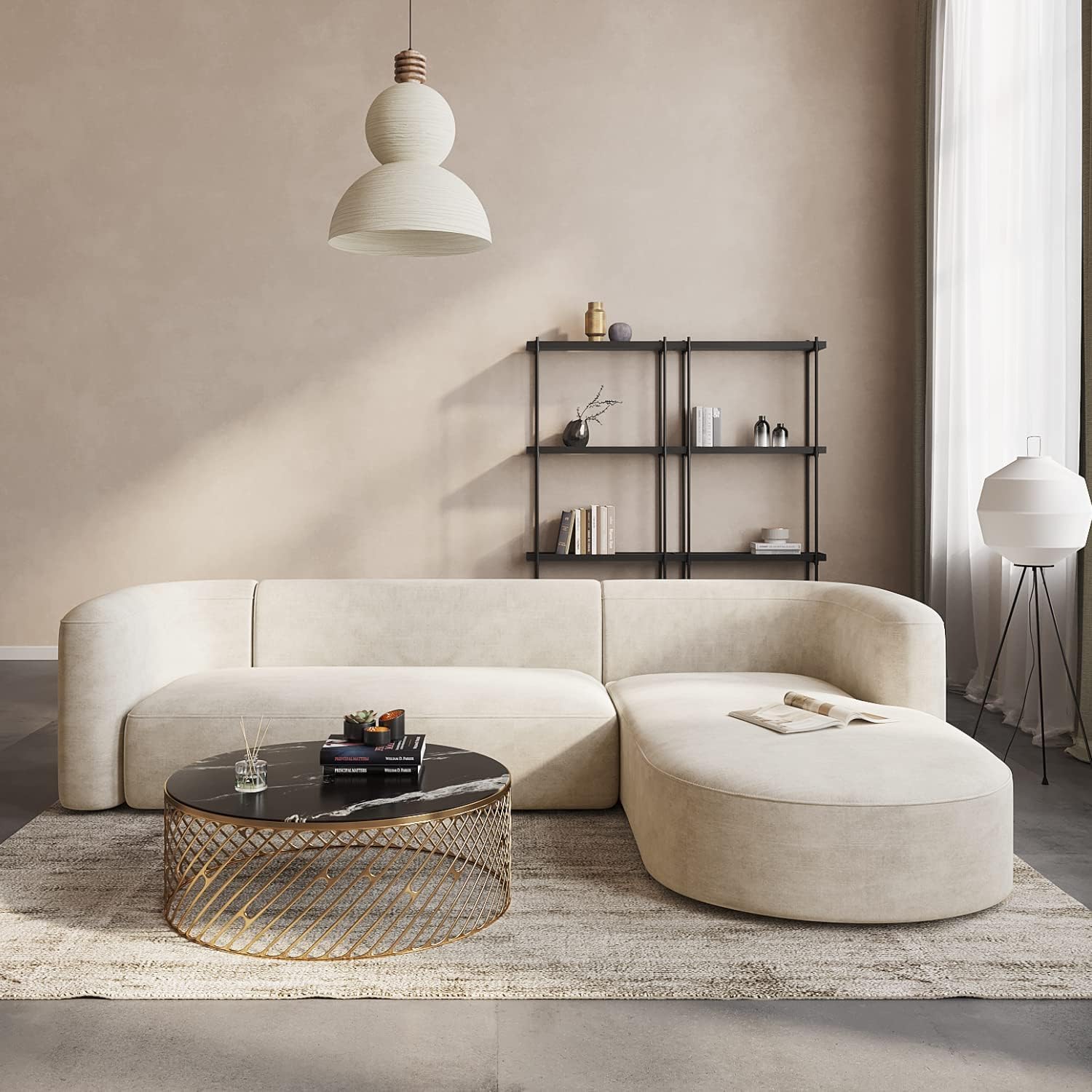 115" Luxury Modern Tight Curved Back Velvet Sofa, Minimalist Style Comfy Couch for Living Room Apartment, L-Shape Chaise, Cream-image-12