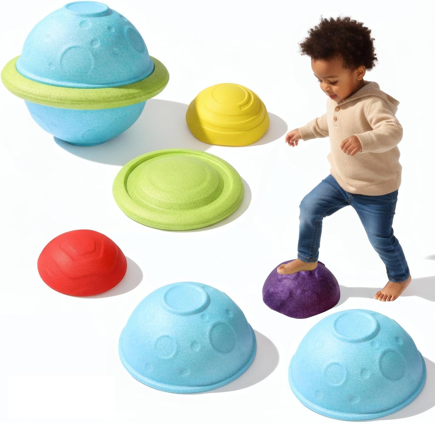 Balance Stepping Stones for Kids 5pcs Non-Slip River Stones Obstacle Course Play Indoor and Outdoor Coordination Game Sensory Toys Toddler Ages 3 4 5 6 7 8+ (Planet Stones-6PCS)