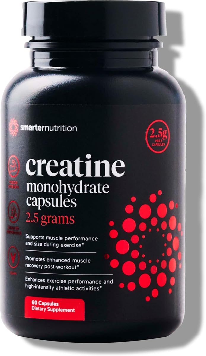 SMARTERNUTRITION SMARTERNUTRITION Creatine Monohydrate Pills with 2500mg (2.5g) Per Serving, Vegan Capsules - Pre & Post Workout Recovery Support, Promotes Muscle Mass &. Endurance - 60 Count[30-Day Supply]