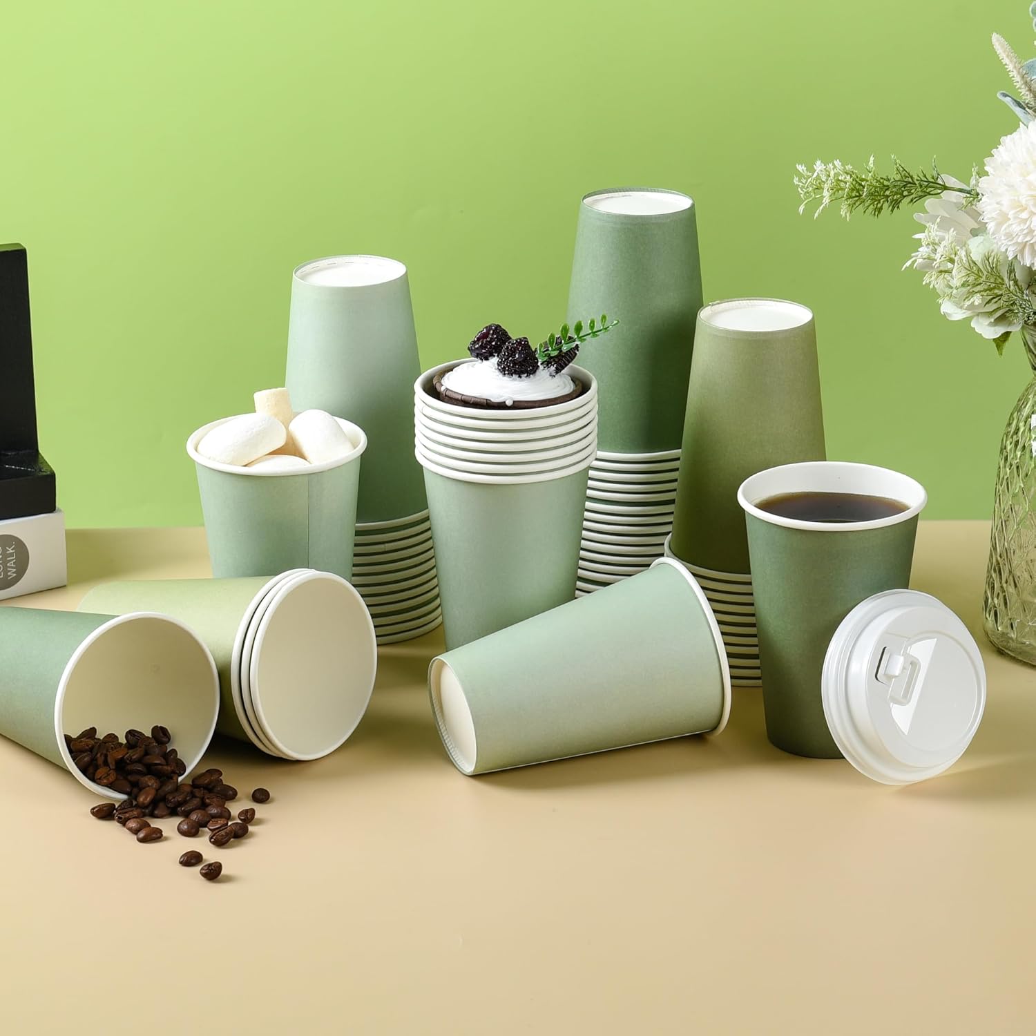40 Pcs 12 oz Sage Green Paper Cups Disposable Coffee Cups with Lids Green Gradient Paper Cup Baby Shower Cups Sage Cups for Hot and Cold Beverage Water Juice Coffee Tea Party Wedding Supplies … - Image 3