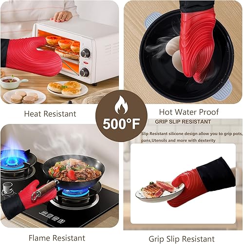 Miniatura 5 de Manoplas de horno de silicona, resistentes al calor, 500 F, agarre duradero, antideslizante, manoplas de horno para cocina, resistentes al calor,