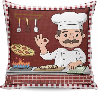 Decorative Throw Pillow Covers,Kitchen Cute Chef Cook Burgundy Red Plaid Linen Square Pillow Case Cushion Cover Accent Pillowcases for Home Couch Sofa Living Room Decor,18x18 Inch,Pizza Gourmet