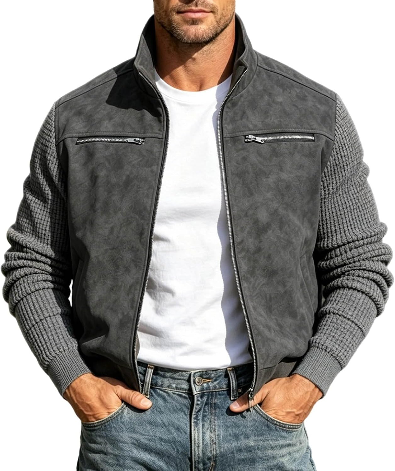 Zip Up Suede Jacket for Men Knitted Sleeve Casual Outerwear