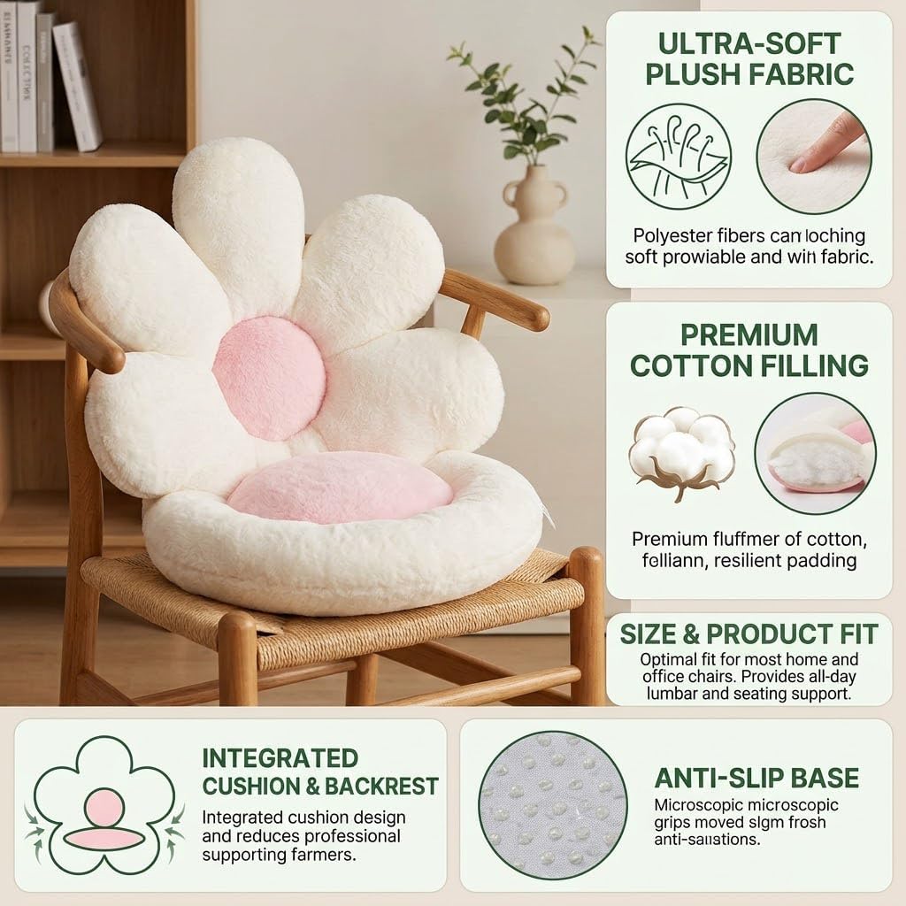 Flower Chair Cushion - 20 Inch Soft Seat Pad, All-in-One Back Support for Cute Bedroom Decor, Plush Floral Floor Pillow with Non-Slip Base for Girls Room, Cozy Gaming Chair Cushion image 3