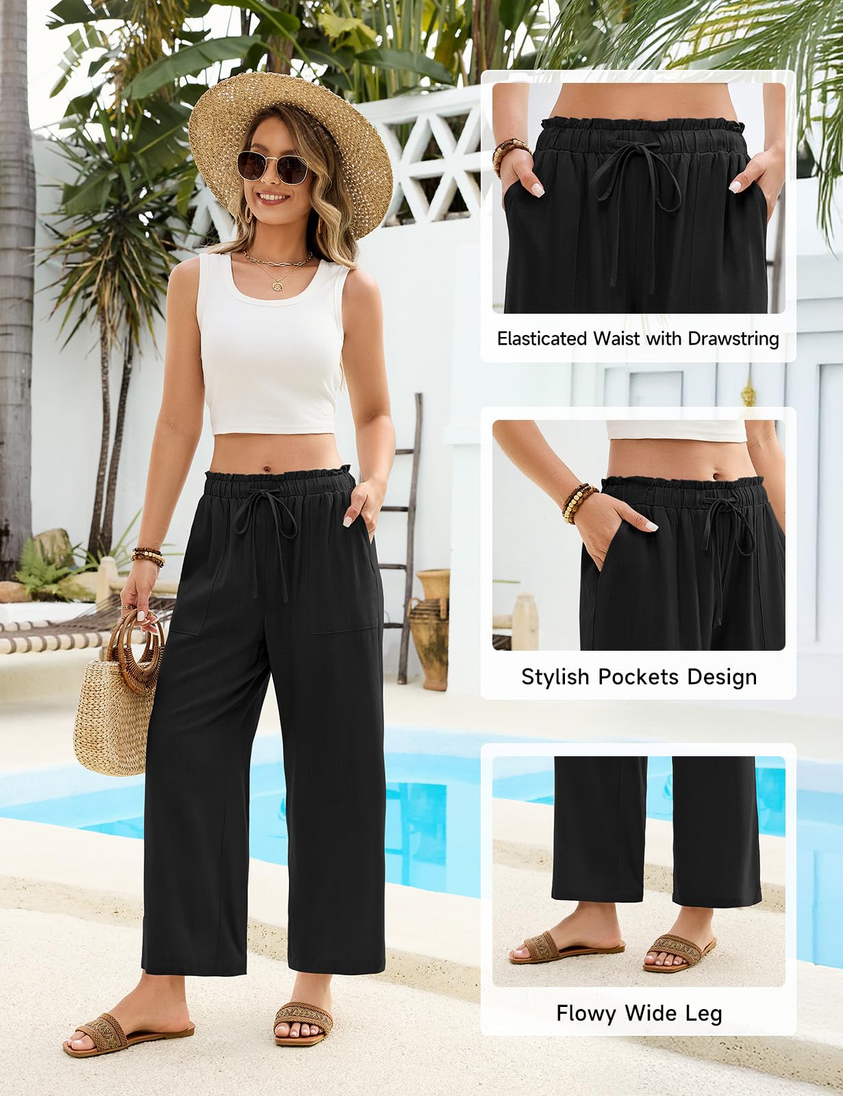 CMTOP Pantalon Lin Femme Été Fluide Chic et Elegant 7/8 Pantalon Taille Elastique Ample Décontractée Léger Pantacourt Solide Couleur Droit Pants avec Poches Cordon