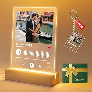 Personalized Gifts for Him Her – Custom Spotify Plaque with Picture & Song – Light Up Acrylic Music Plaque with Optional Wooden Base for Boyfriend,Birthday, Anniversary (Style 1)