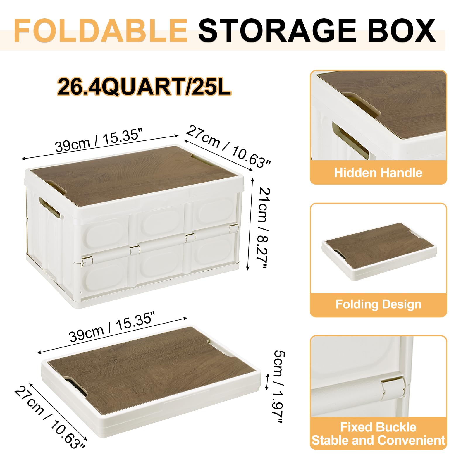 QUARKZMAN Bins De Almacenamiento Con Tapa 26.4 Quart Caja Plegable Blanco | 1 Pieza, Bin De Almacenamiento Plegable Con Asas, Bin De Almacenamiento Apilable, Para Camping Hogar Y Oficina