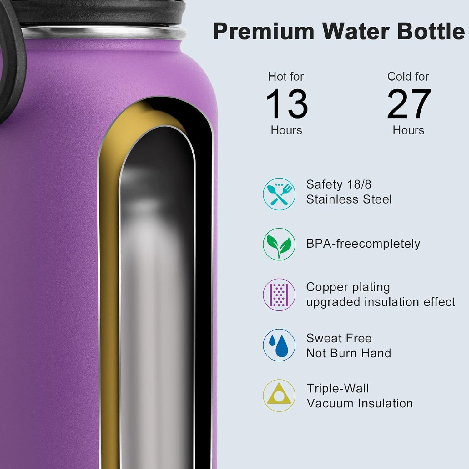 koodee Insulated Water Bottle, 32 oz Stainless Steel Double Wall Vacuum Wide Mouth Sport Bottle with Leakproof Spout Lid (Purple) - Image 4