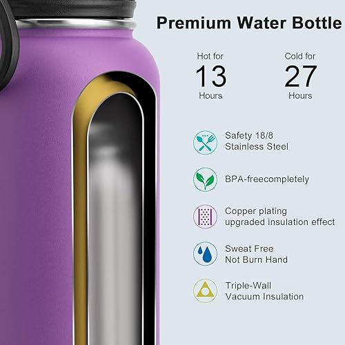 Miniatura 4 de koodee Botella de agua aislada, 32 onzas, acero inoxidable, doble pared, al vacío, botella deportiva de boca ancha con tapa de boquilla a prueba de