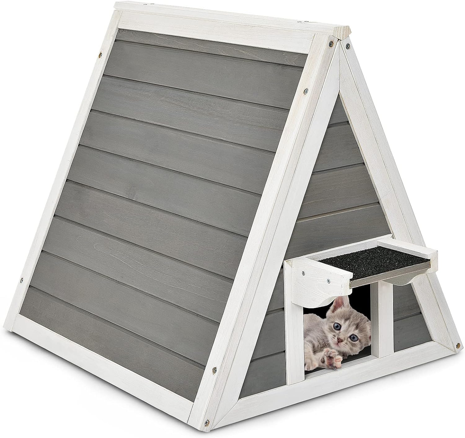 GYMAX Casa para Gatos con Techo Asfaltado y Puerta, 50 x 55 x 52 cm, Resistente a la Intemperie de Madera, Caseta para Gatos hasta 20 kg, Caseta Mascota para Interior y Exterior, Gris + Blanco