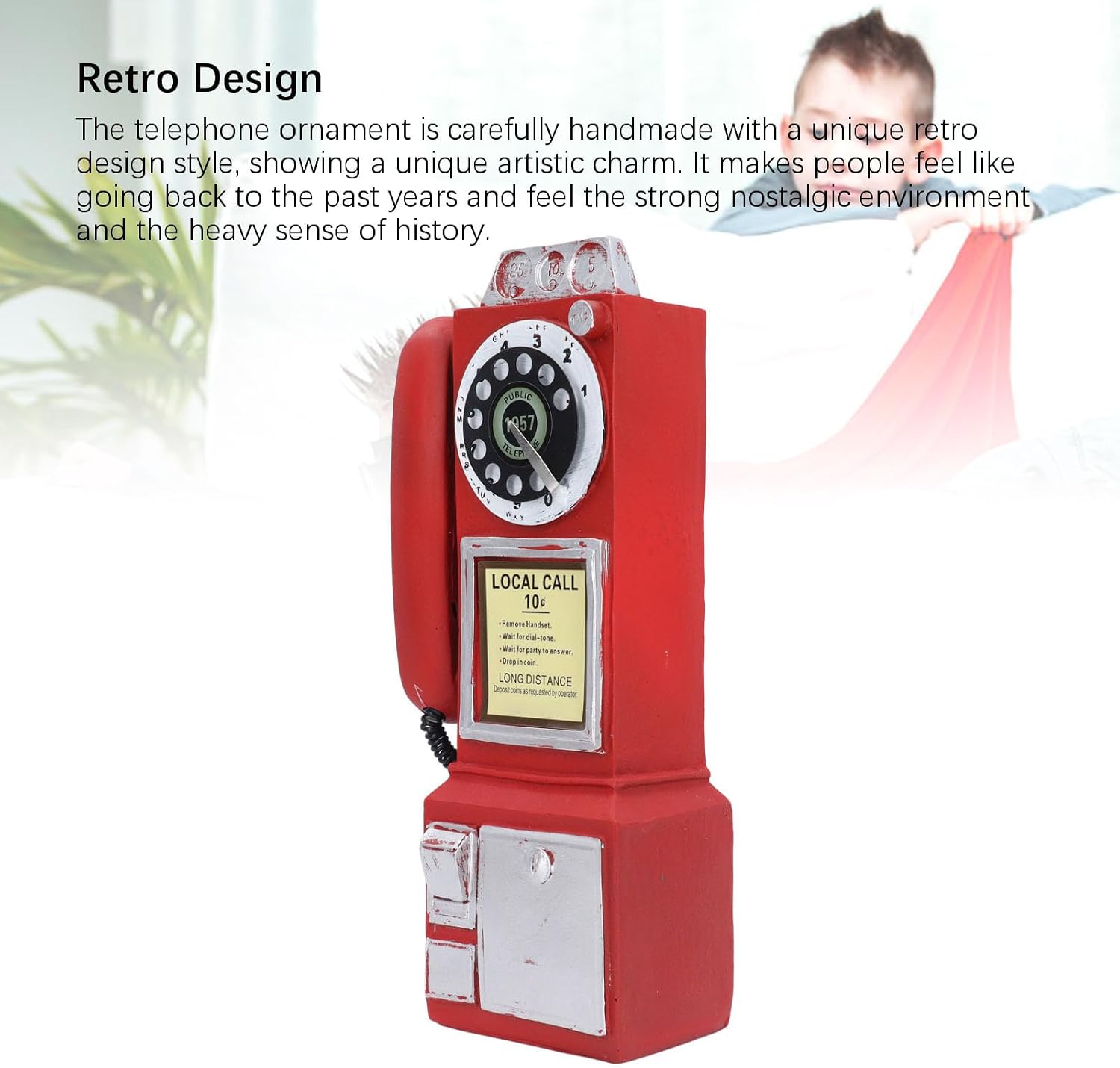 Retro Telephones Ornament, Wall Mounted Vintage Rotate Classic Look Dial Pay Phone Model Decoration, Antique Rotary Dial Payphone Ornament, Phone Prop for Home Cafe Hotel (Red)