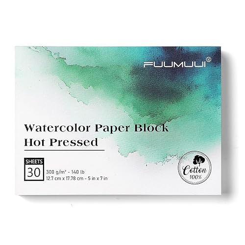 Fuumuui Watercolor Paper Block 5x7 Inch, Smooth Surface 100% Cotton Watercolor Paper, 30 Sheets, 140lb/300gsm, Hot Press, Acid-Free, Art Paper for Painting & Drawing, Wet, Mixed Media - Green Hot Press - 5”×7“