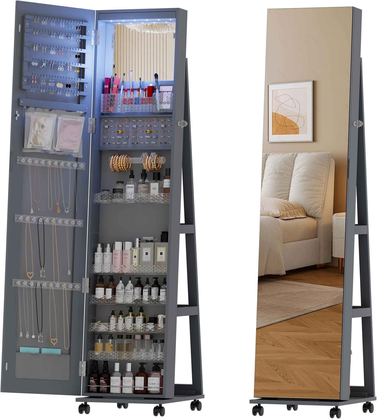 OUTDOOR DOITOUTDOOR DOIT 360° Rotating LED Jewelry Armoire with Lockable,Full Length Mirror Large Capacity Jewelry Organizer Armoire,Floor Standing Mirror with Back Storage Shelves for Bedroom,Gray
