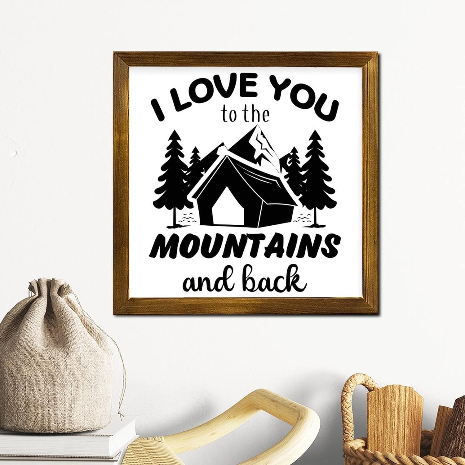 I Love You to The Mountains and Back Framed Wood Signs Words Letters Wooden Art Wall Vintage Wall Decor Hanging Plaque Sign for Living Room Bedroom Front Door Office Housewarming Gift 12x12 Inch