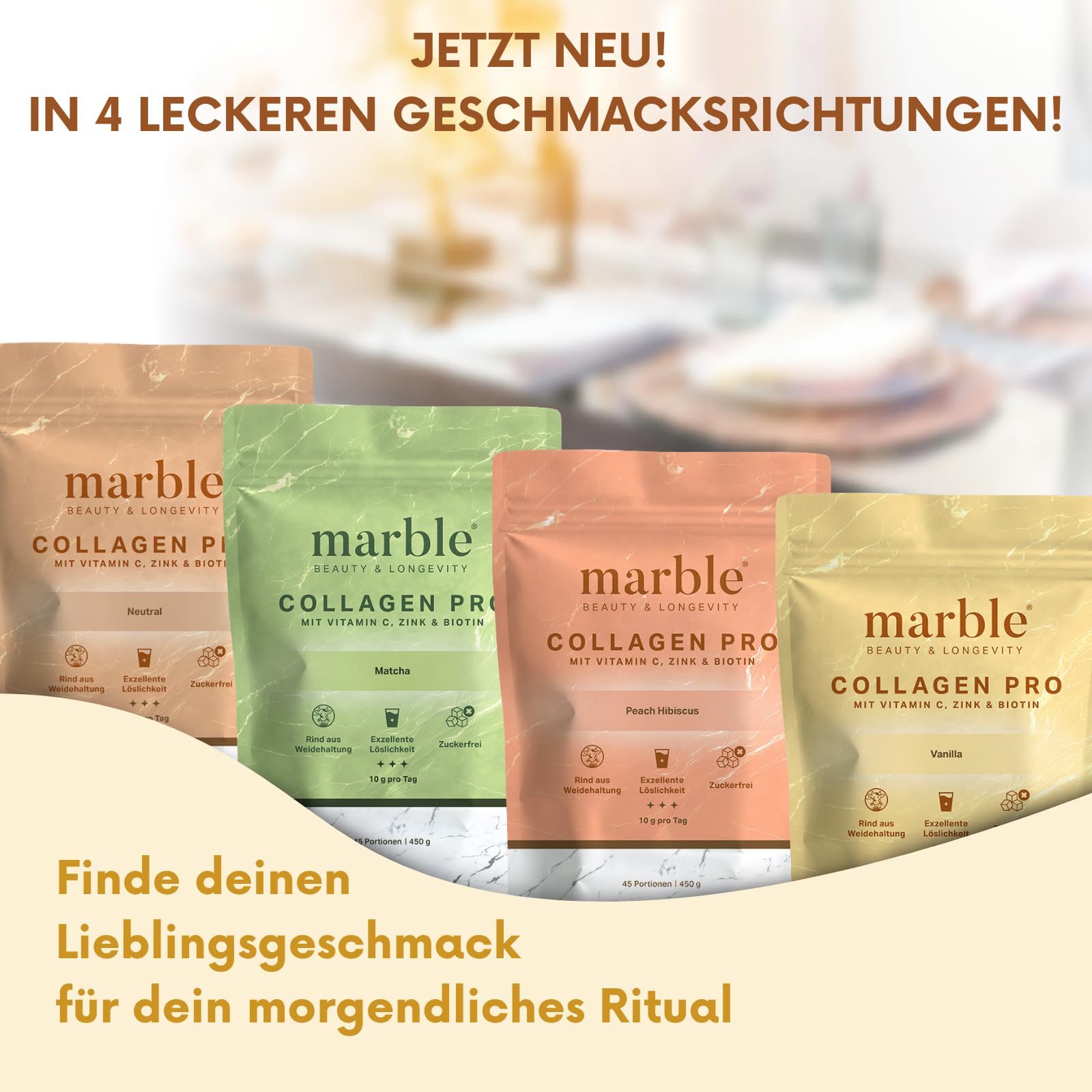 marble Polvo de colágeno Pro 450 g – Colágeno en polvo más vitamina C, zinc y biotina – Péptidos de colágeno Skin Glow – 60 días de prueba sin riesgos – de carne de sauce con perfecta solubilidad