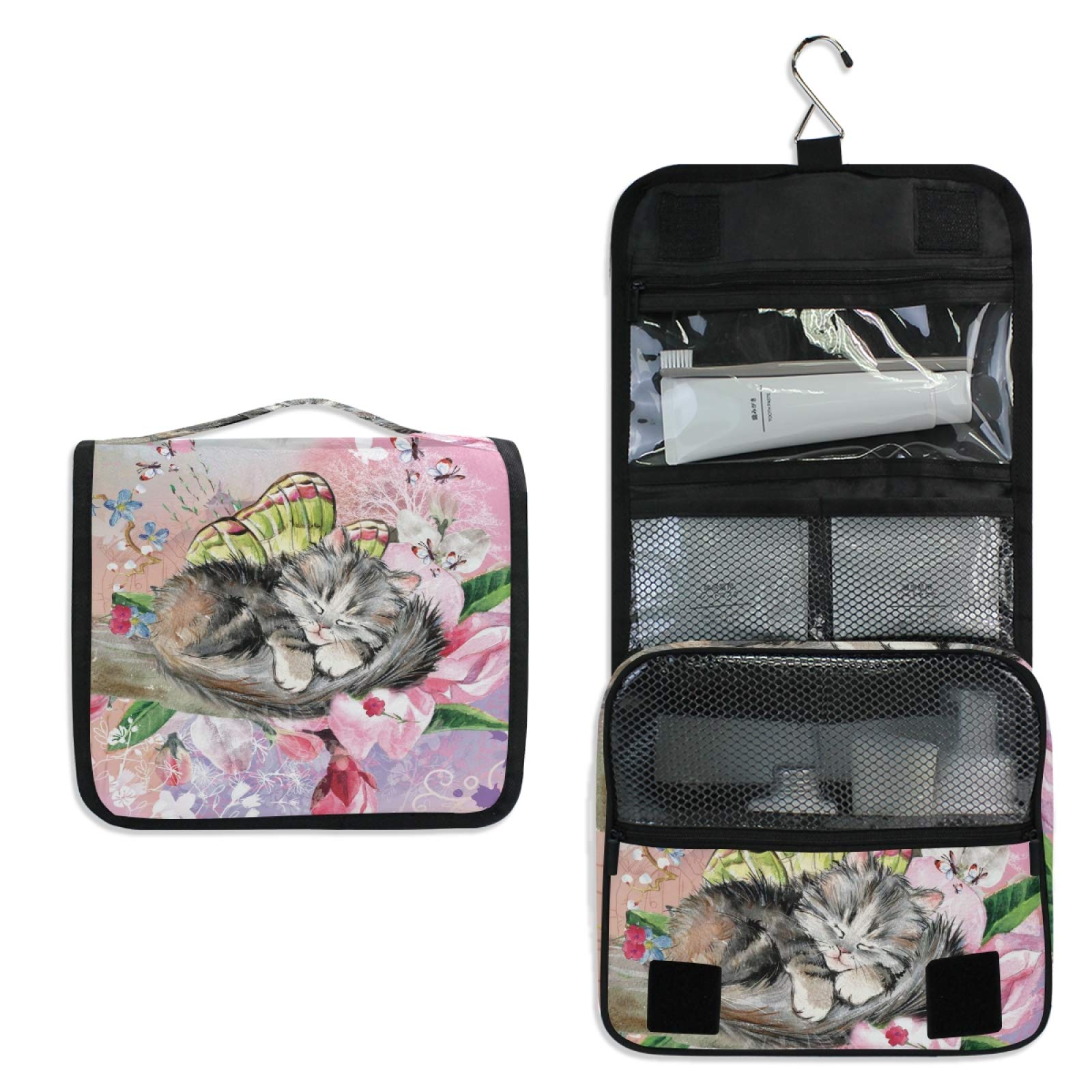 N/W Hupery Toiletry Bag Butterfly Kitten Hanging Travel Toiletry Bags Cosmetic Pouch Bag Makeup Bags Organizer Wash Bag For Women Men Girls