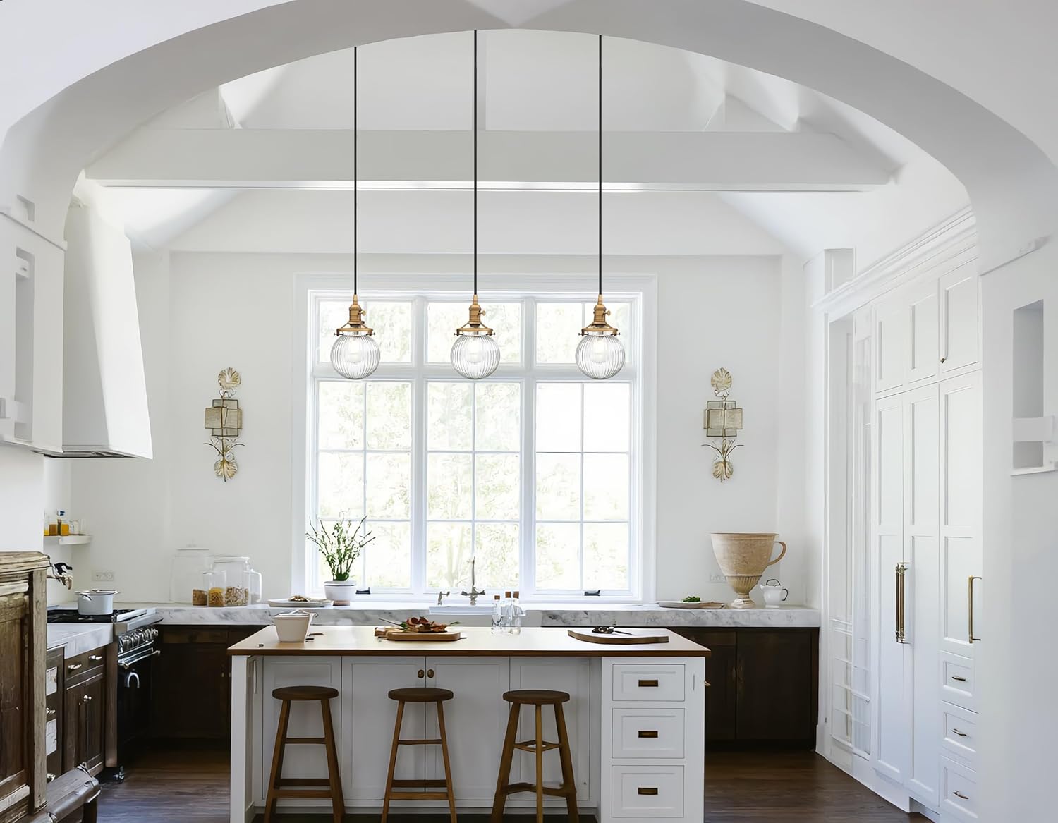 Phansthy Kitchen Island Lighting, 3 Lights Linear Chandeliers, Hanging Light with 5.9" Globe Striped Glass Shade, 3-Light Pendant Light Fixtures for Dining Room Farmhouse (Antique Gold, Long Base)