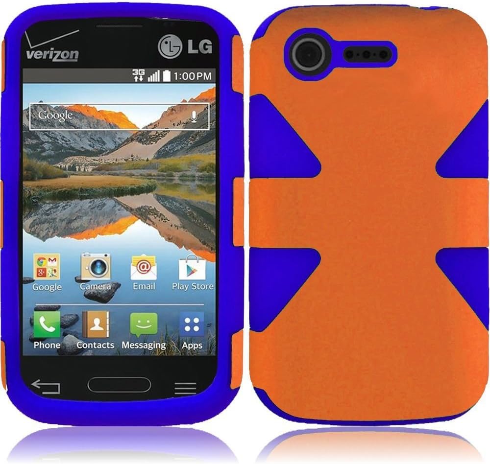 HR Wireless Dynamic Slim Hybrid Case for LG Optimus Zone 2 L34C Fuel - Retail Packaging - Orange/Blue