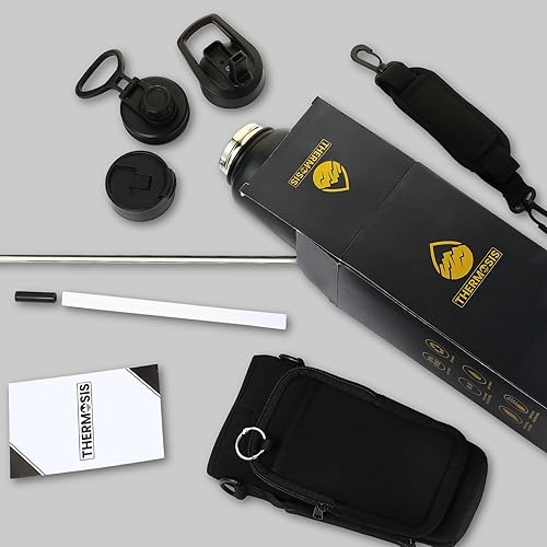 Miniatura 6 de Botella de agua de 32 onzas con popote, botella de agua de acero inoxidable de 1 litro con apertura de boca ancha, viene con soporte para botella de