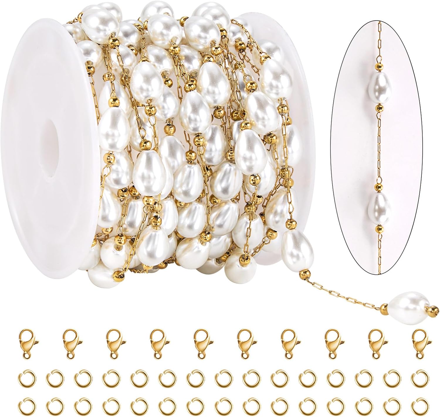 4 Meters Gold Plated Stainless Steel Chains for Crafts Mix Colored Faux Pearl Chain Links with Small Beads for Handcrafts Making Supply Jewelry Findings