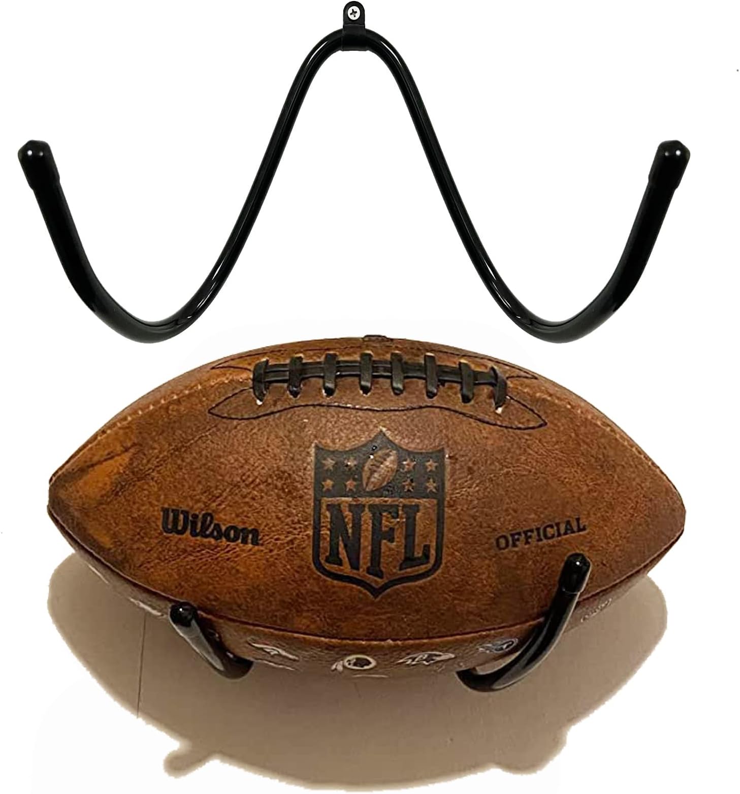 Football Wall Mount Holder Football Ball Display Storage Rack - Sturdy and Flexible, for all football sizes.Perfect to display a commemorative football and not have large obstructive shelf on wall!