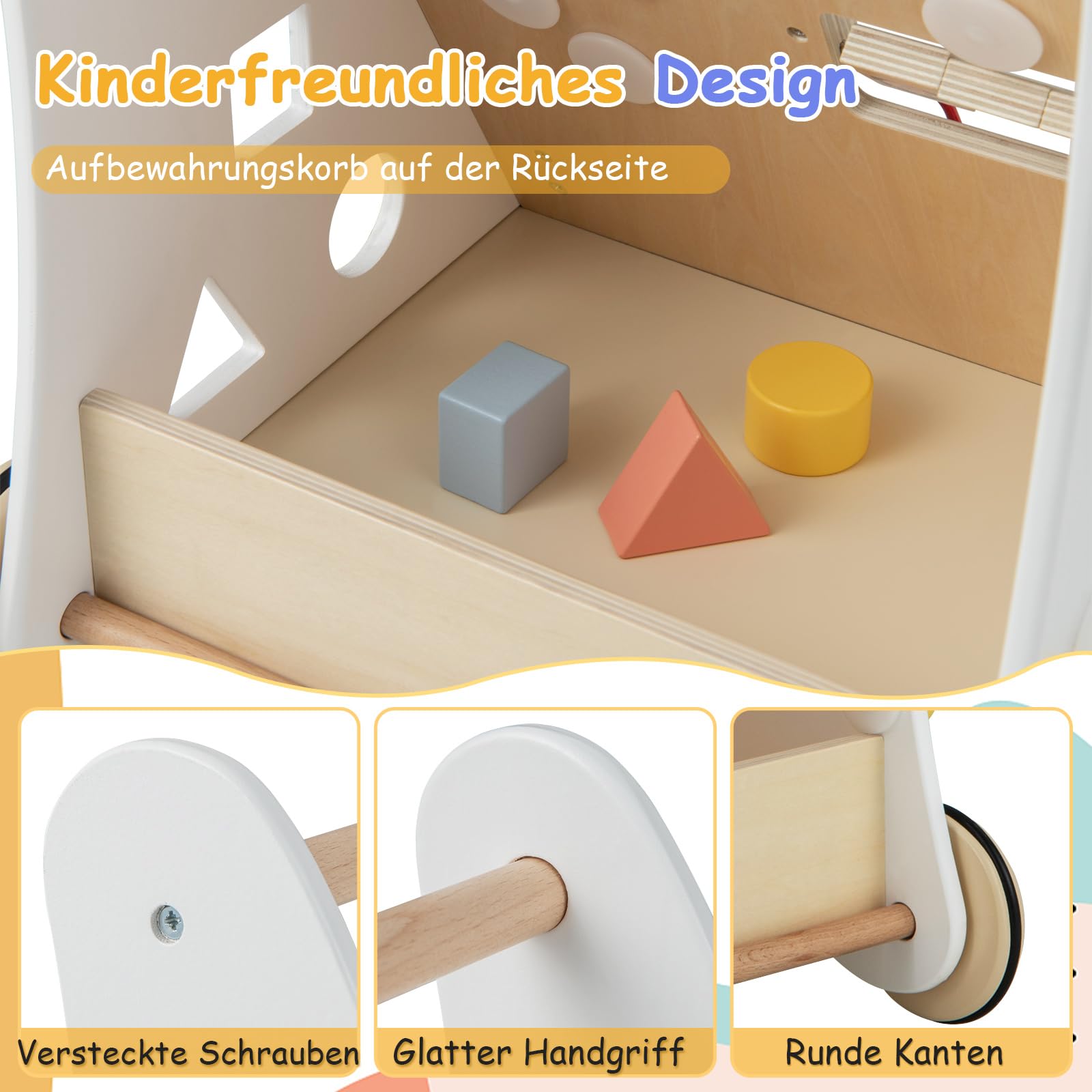 COSTWAY Lauflernhilfe aus Holz, 7 in 1 Lauflernwagen mit Spielbrett, Spiegel & Bauklötzen, Laufwagen zum Schieben mit Aufbewahrungsbox, Laufhilfe Baby ab 1 Jahr (Weiß + Natur)