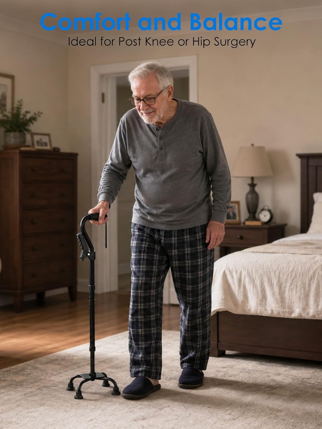 WHLICKS Quad Cane for Stability, Adjustable Walking Cane for Women & Men with A Large 4 Pronged Base for Balance, 350lbs Heavy Duty Cane with 4 Legs & Second Handle, Walking Sticks for Seniors