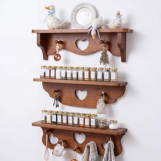 Pinkunn Set of 3 Rustic Wooden Wall Shelves with Heart Cutout and Peg Ho...