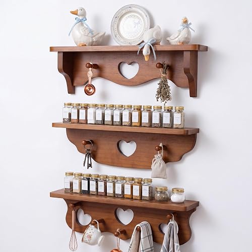 Pinkunn Set of 3 Rustic Wooden Wall Shelves with Heart Cutout and Peg Hooks, Natural Walnut Mounted Storage Display Rack for Entryway Bathroom Bedroom Kitchen Cottage Home Decor