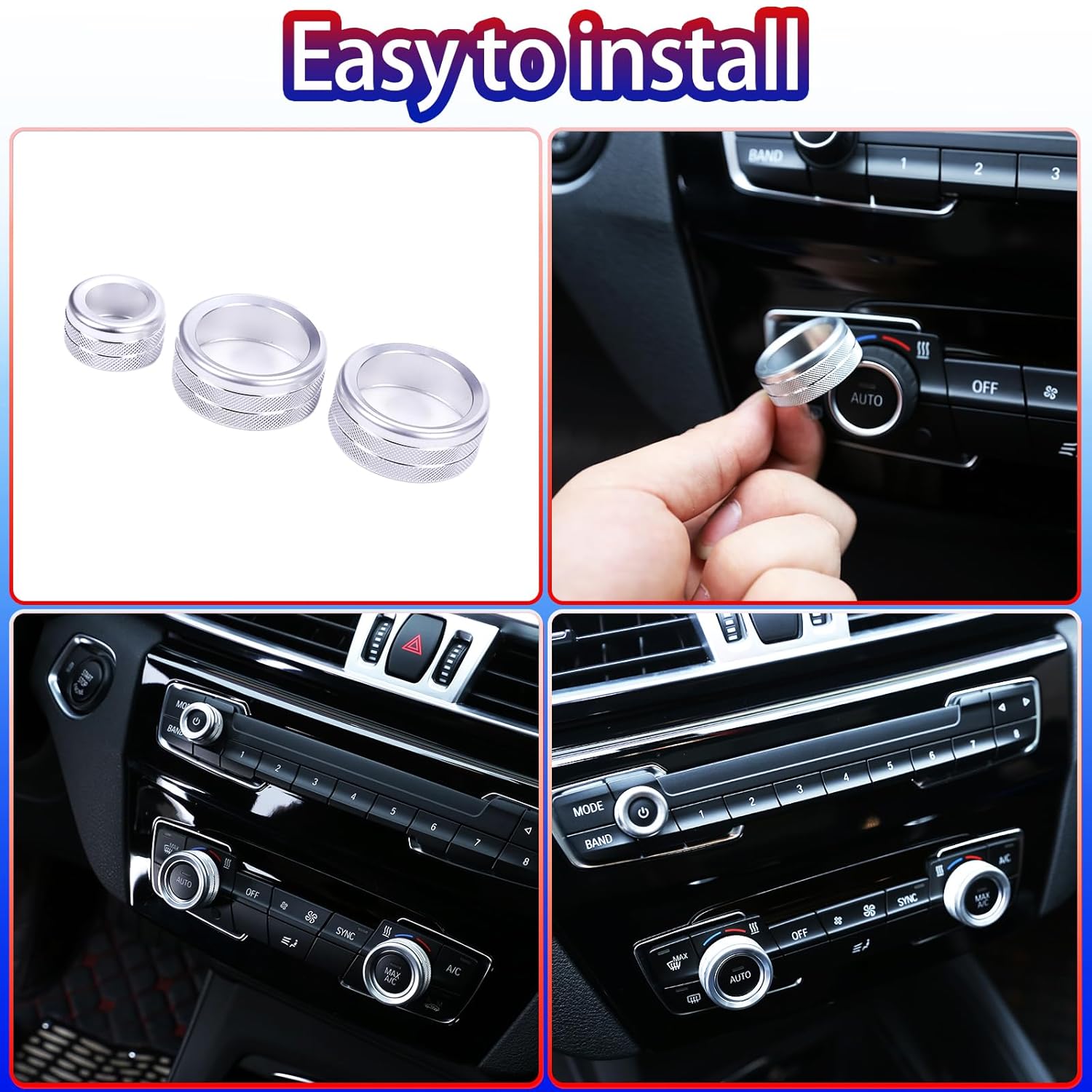 Car Center Console Air Conditioner Knobs Ring Trim Compatible with BMW 1 2 3 4 Series F30 F34 F46 GT X1 F44 F47 F48 U11,A/C Climate Control and Radio Volume Knob Ring Cover (Silver)…