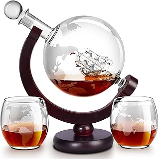 Whiskey Decanter Sets for Men, Whiskey Decanter Globe Set with 2 Etched Globe Whisky Glasses for Liquor, Bourbon, Cocktails, Vodka, Scotch liquor decanter Sets - 850ml