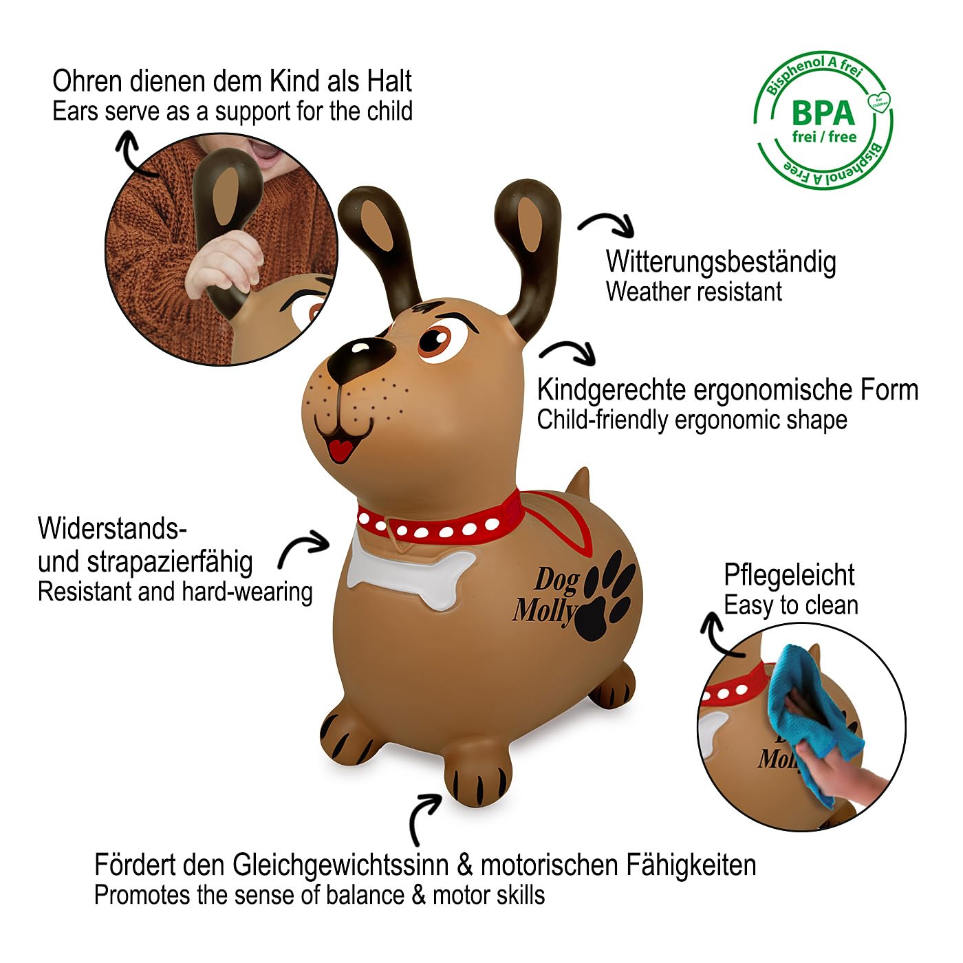 JAMARA 466005 Hüpftier Dog Molly HoppyDoo - Spielzeug für Kinder, Hüpftier Baby Indoor Outdoor, Geschenk für Kinder, Gartenspielzeug, Pflegeleicht, BPA frei, mit Pumpe