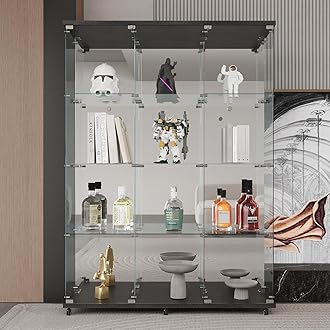 LFT HUIMEI2Y Glass Display Cabinet 12 Shelves with 3 Columns 2 Doors, Mirror Back Panel and Lock, Curio Cabinets Quick-Install Style Tempered Glass Bookshelf for Living Room, Kitchen Black