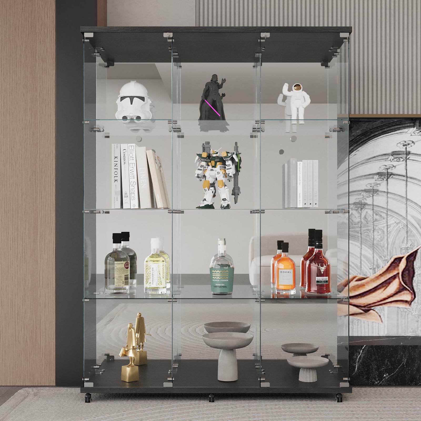 LFT HUIMEI2Y Glass Display Cabinet 12 Shelves with 3 Columns, Mirror Back Panel and Lock, Curio Cabinets Quick-Install Style Tempered Glass Floor Standing Bookshelf for Living Room, Kitchen Black