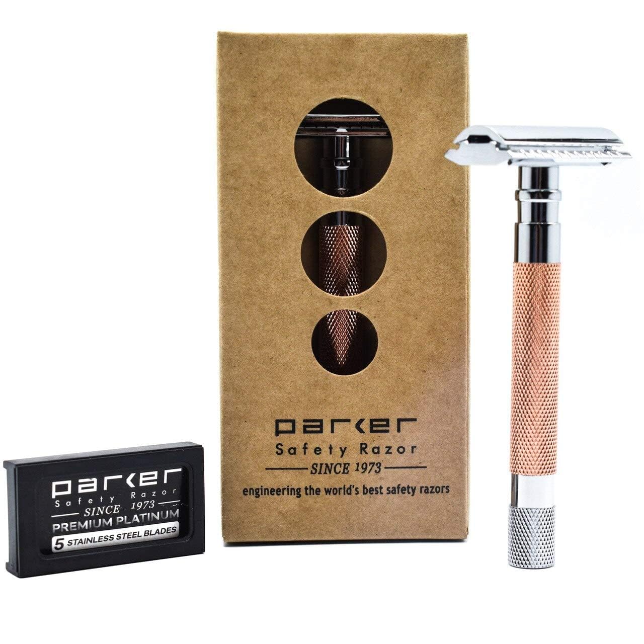 Parker Safety Razor 56R - Rasoio di sicurezza ecologico a doppio bordo con 5 lame Parker Premium Platinum in acciaio inox – Rasoio a pettine chiuso (oro rosa) per un barbiere di qualità rasatura casa